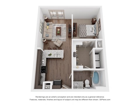 Floor plan for 1 bed, 1 bath, 616 sqft
